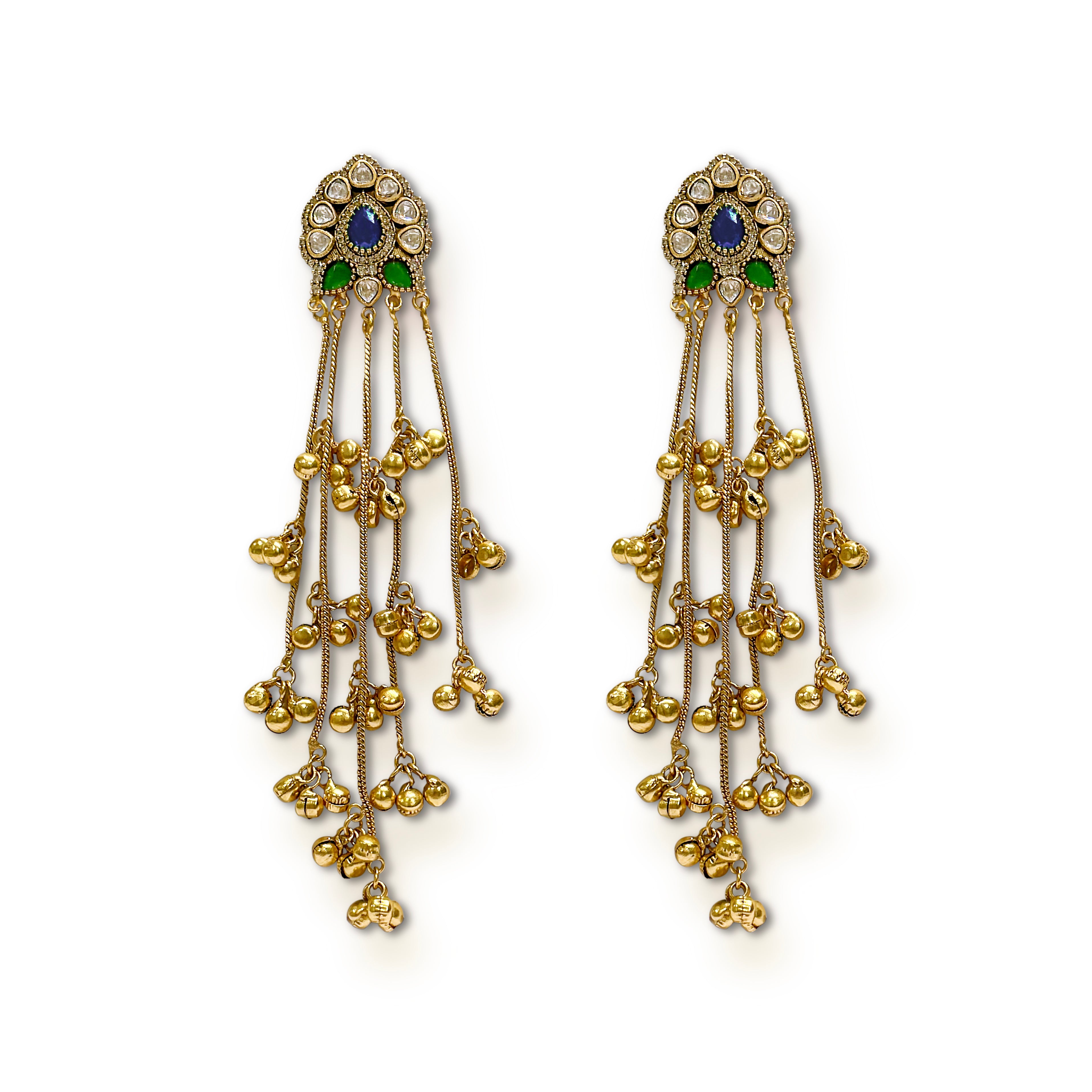 Kashmiri Ghungroo Tassel Earrings – Polki Stud with Green & Ruby Accents