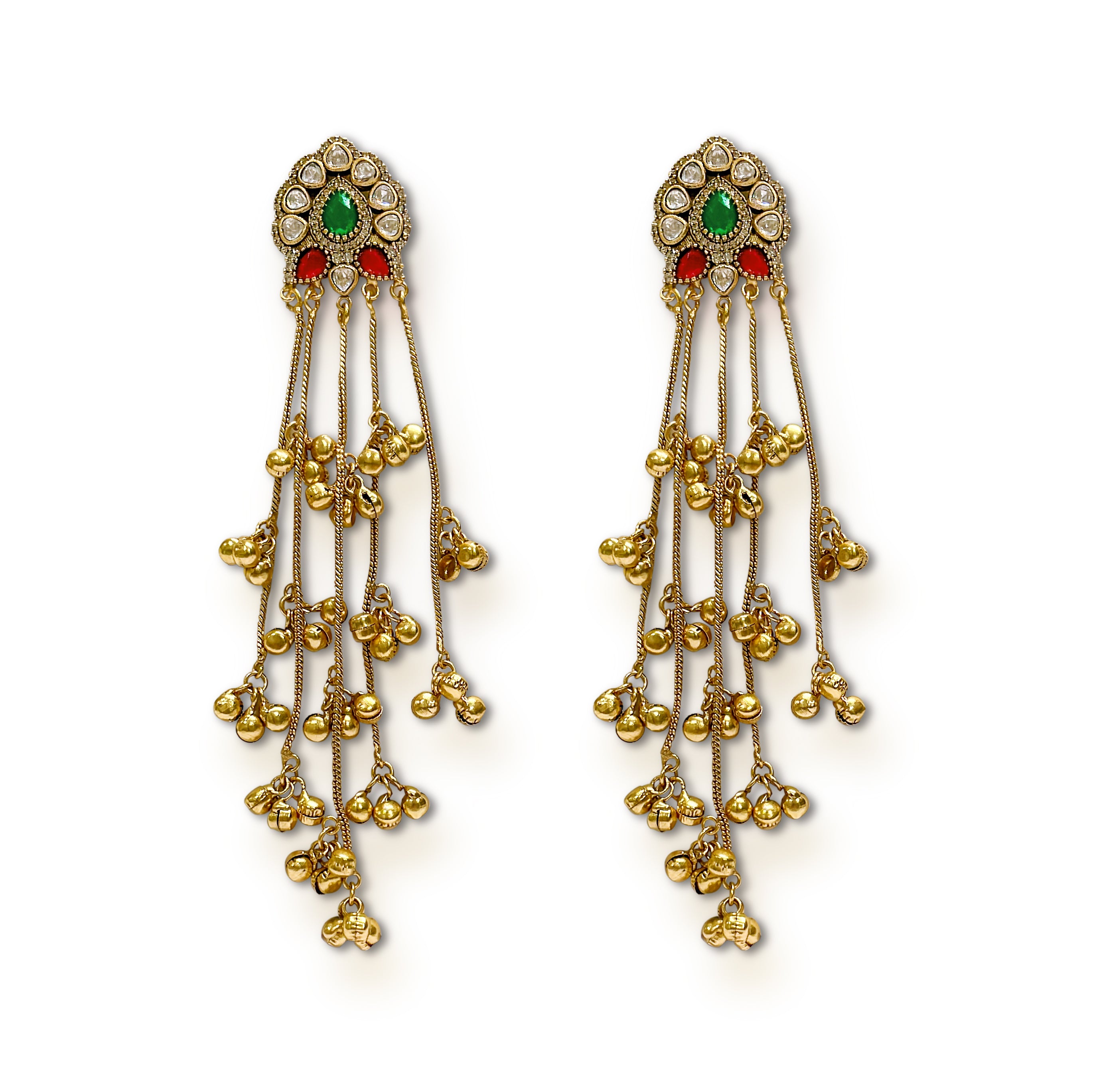 Kashmiri Ghungroo Tassel Earrings – Polki Stud with Green & Ruby Accents