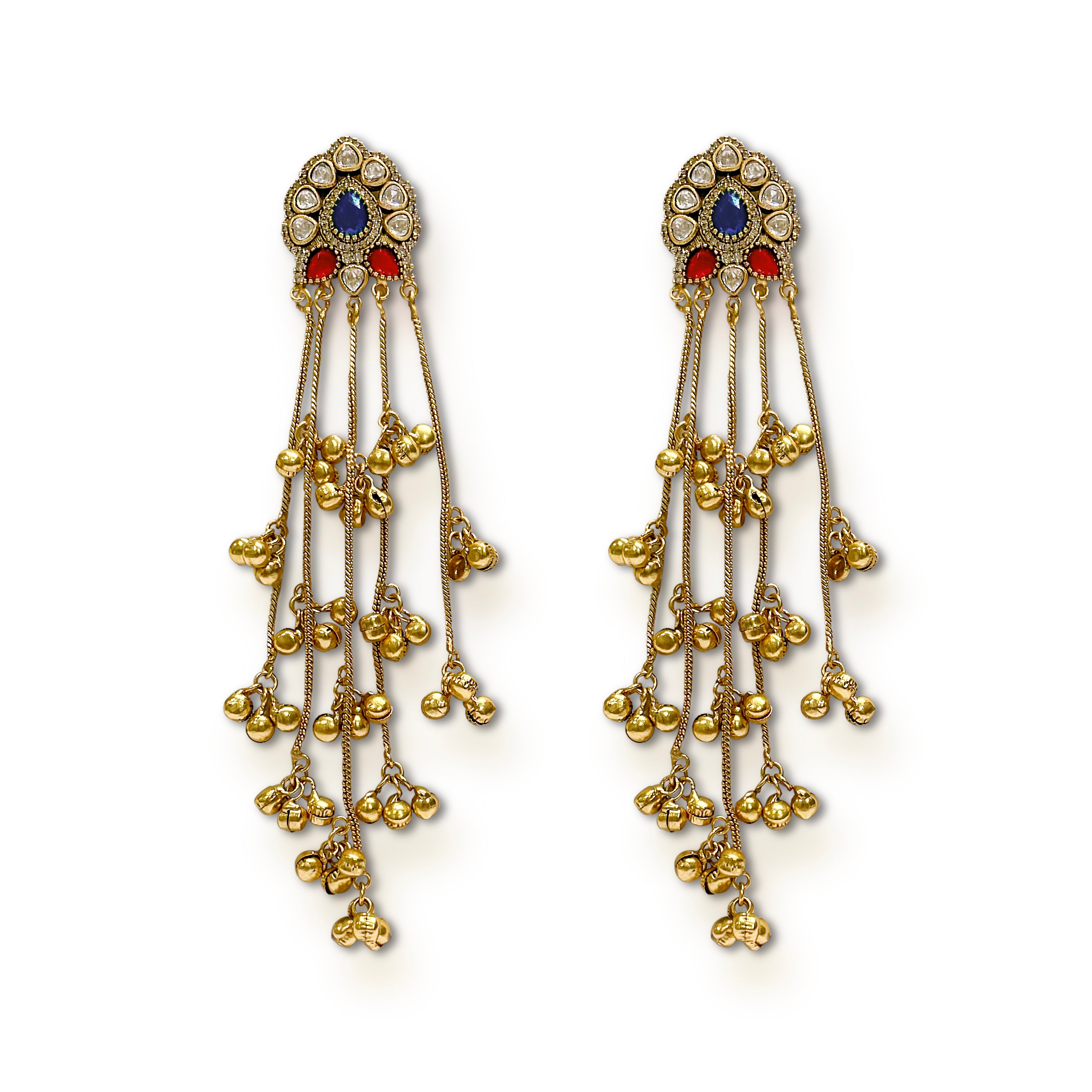 Kashmiri Ghungroo Tassel Earrings – Polki Stud with Green & Ruby Accents