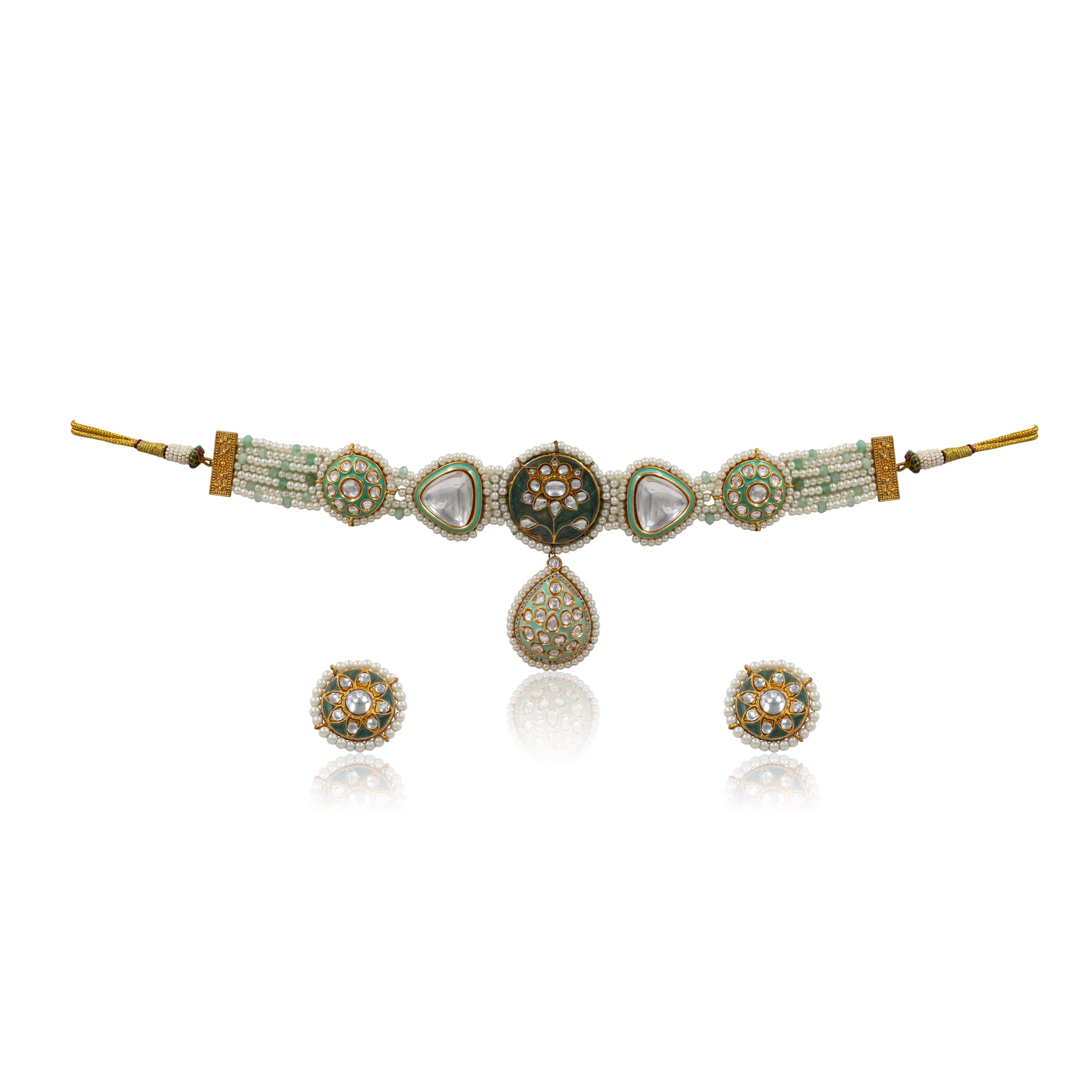 Kundan Pearl Lotus Choker Set – Enamel Centerpiece with Polki Drop