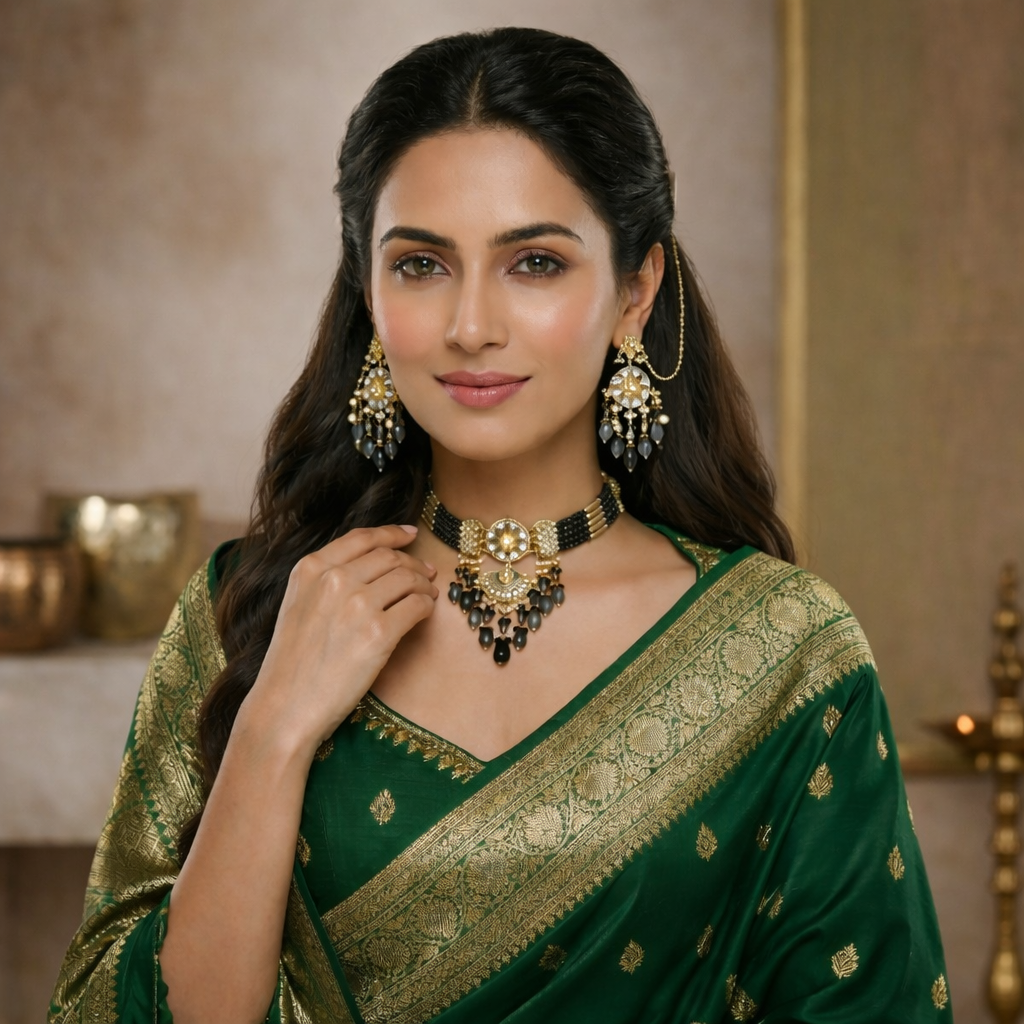 Meenakari Kundan Necklace Set with Tikka – Multi-Strand Beads