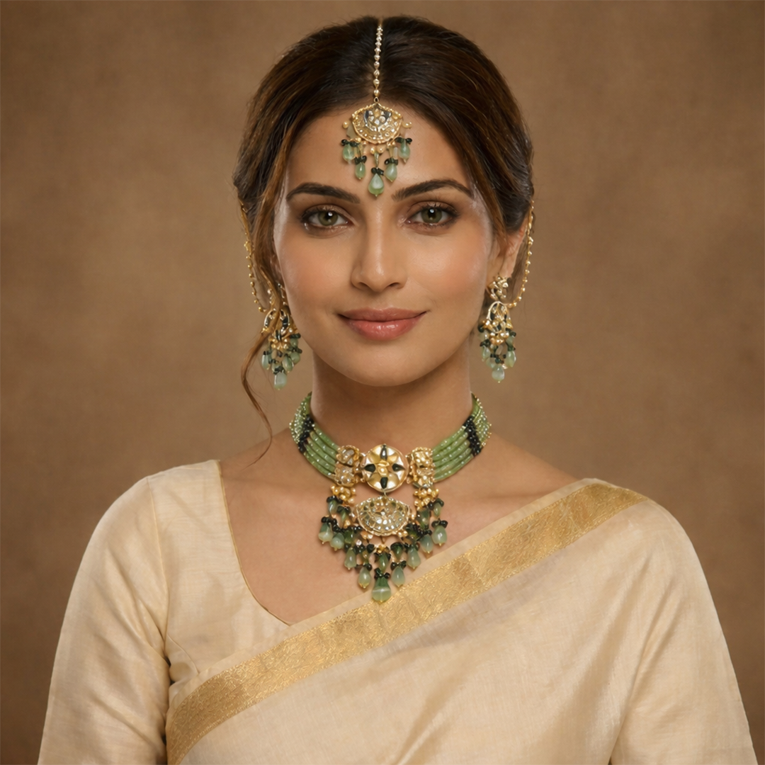 Meenakari Kundan Necklace Set with Tikka – Multi-Strand Beads