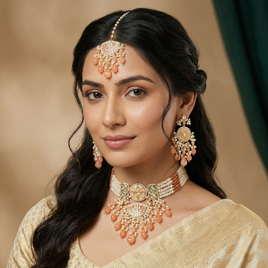 Meenakari Kundan Necklace Set with Tikka – Multi-Strand Beads