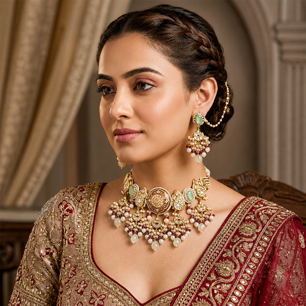 Red & Green Meenakari Kundan Bridal Necklace Set with Tikka