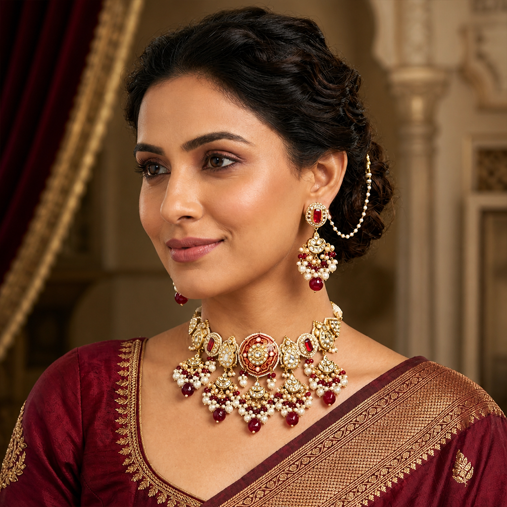 Classic Red Meenakari Kundan Bridal Necklace Set with Tikka