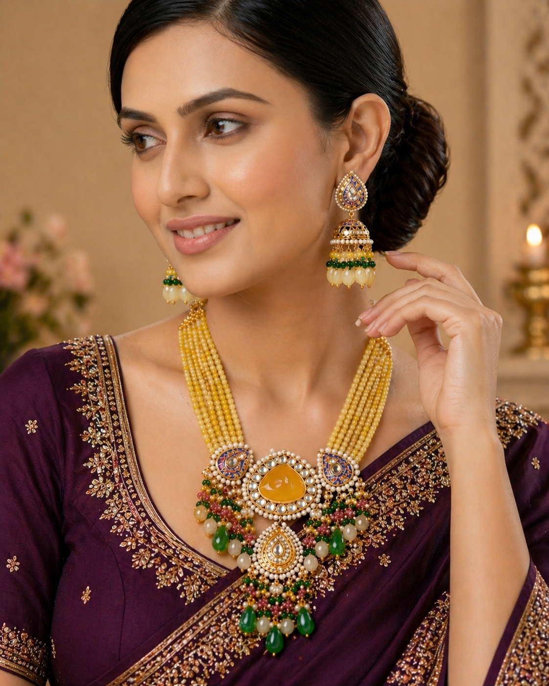 Sunshine Yellow Meenakari Kundan Necklace Set – Multi-Colored Bead Drops