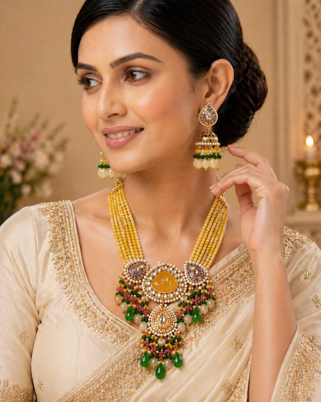 Sunshine Yellow Meenakari Kundan Necklace Set – Multi-Colored Bead Drops
