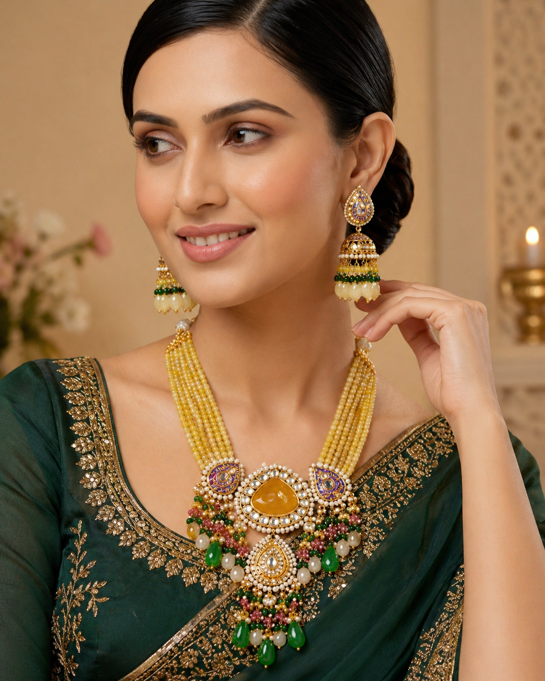 Sunshine Yellow Meenakari Kundan Necklace Set – Multi-Colored Bead Drops