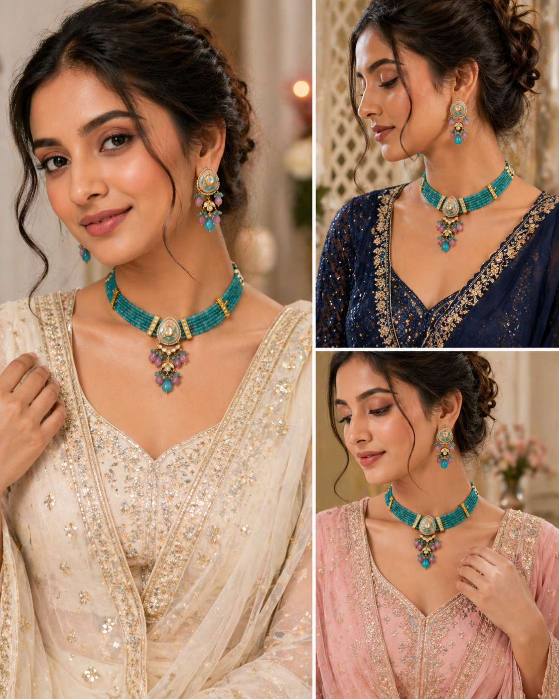 Meenakari Kundan Choker Set – Multi-Strand Beads with Pendant Drop