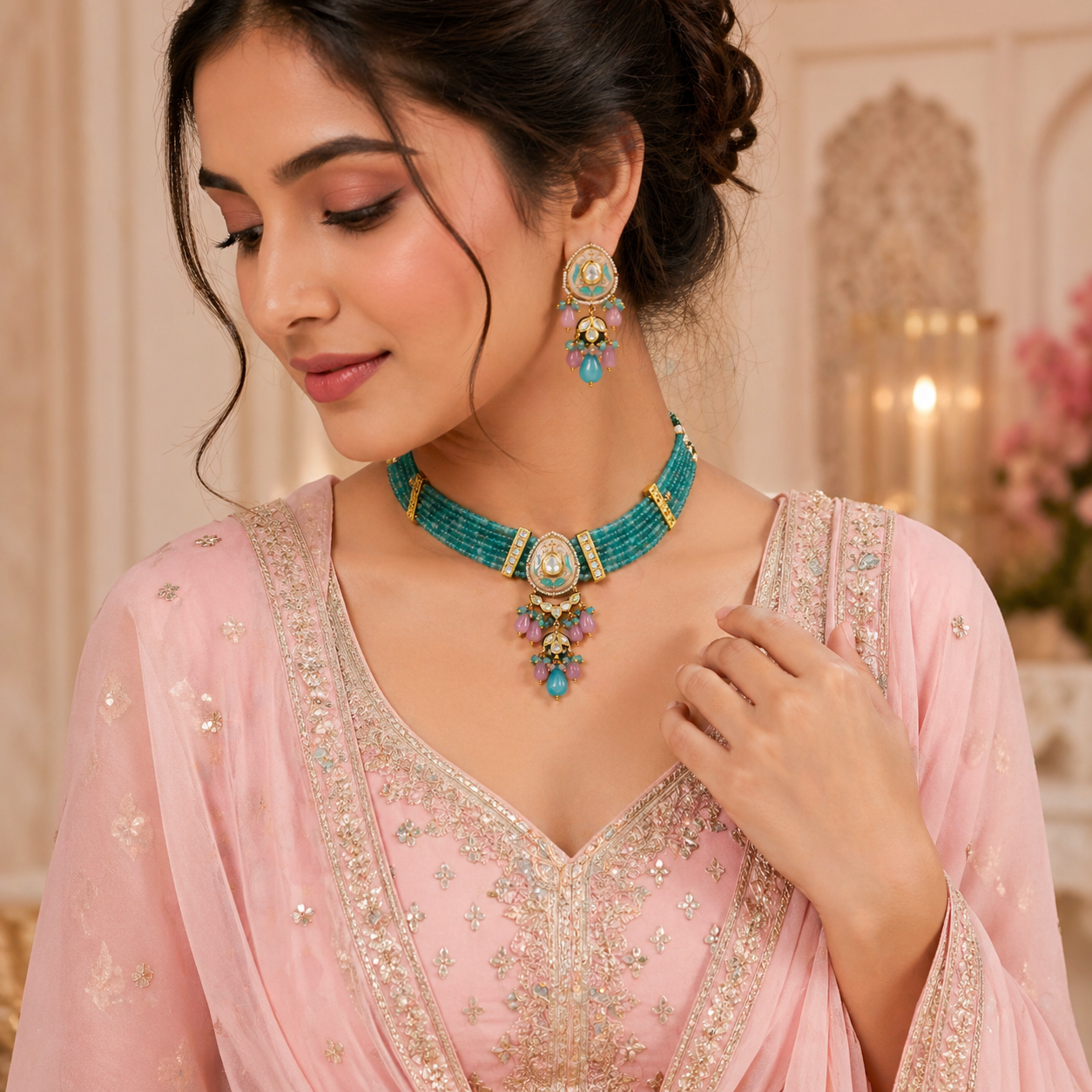 Meenakari Kundan Choker Set – Multi-Strand Beads with Pendant Drop