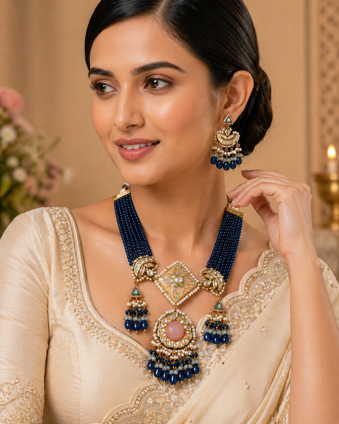 Royal Blue Meenakari Polki Necklace Set – Pearl & Pink Stone Center