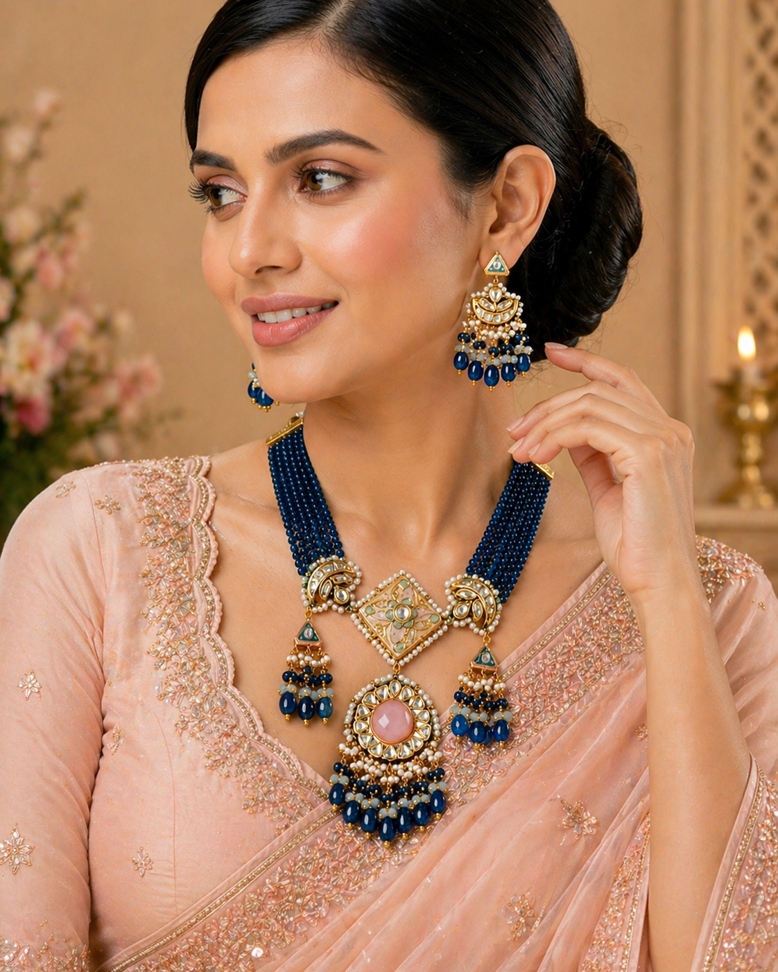 Royal Blue Meenakari Polki Necklace Set – Pearl & Pink Stone Center