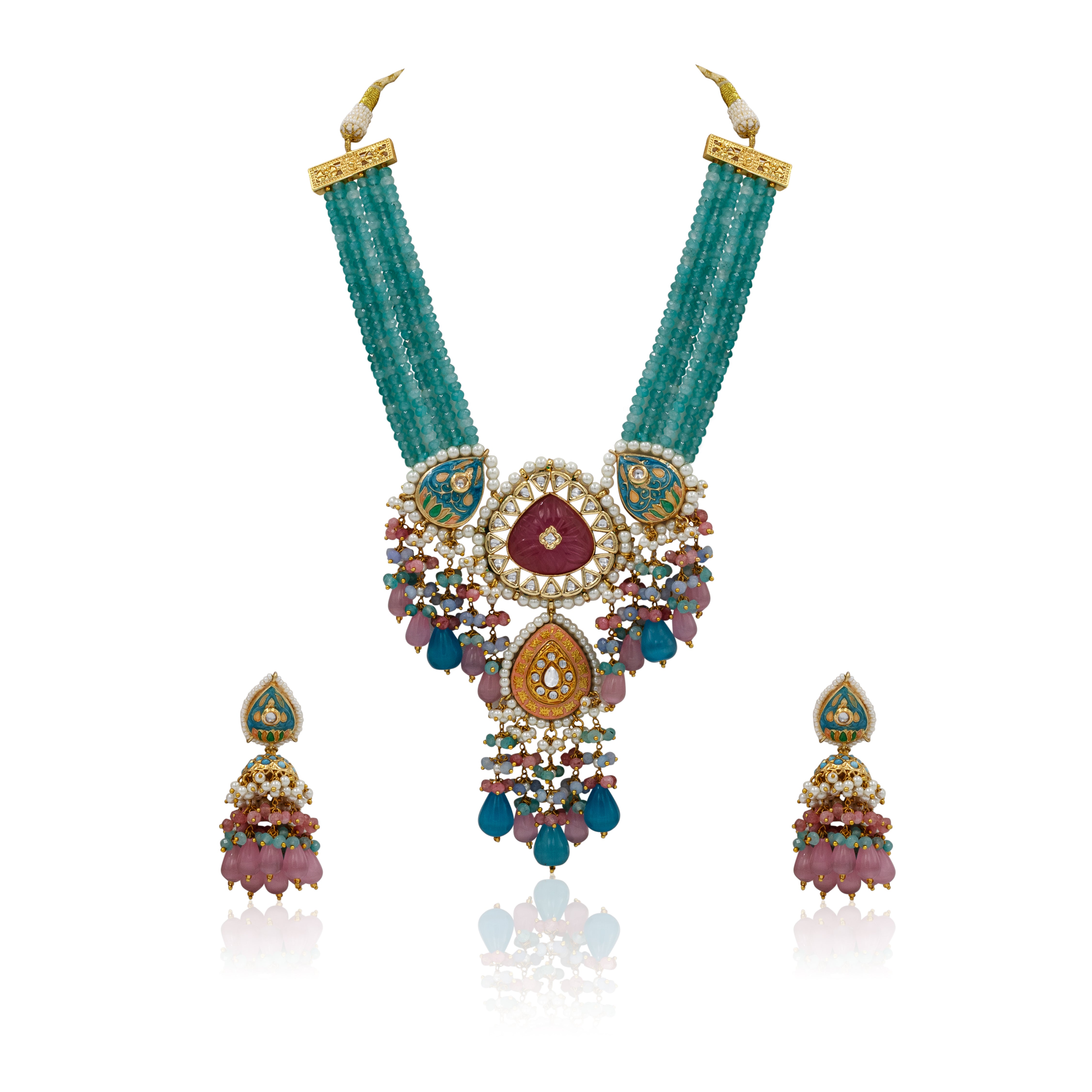 Teal Green Meenakari Polki Necklace Set