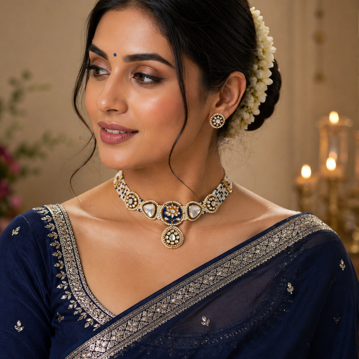 Kundan Pearl Lotus Choker Set – Enamel Centerpiece with Polki Drop