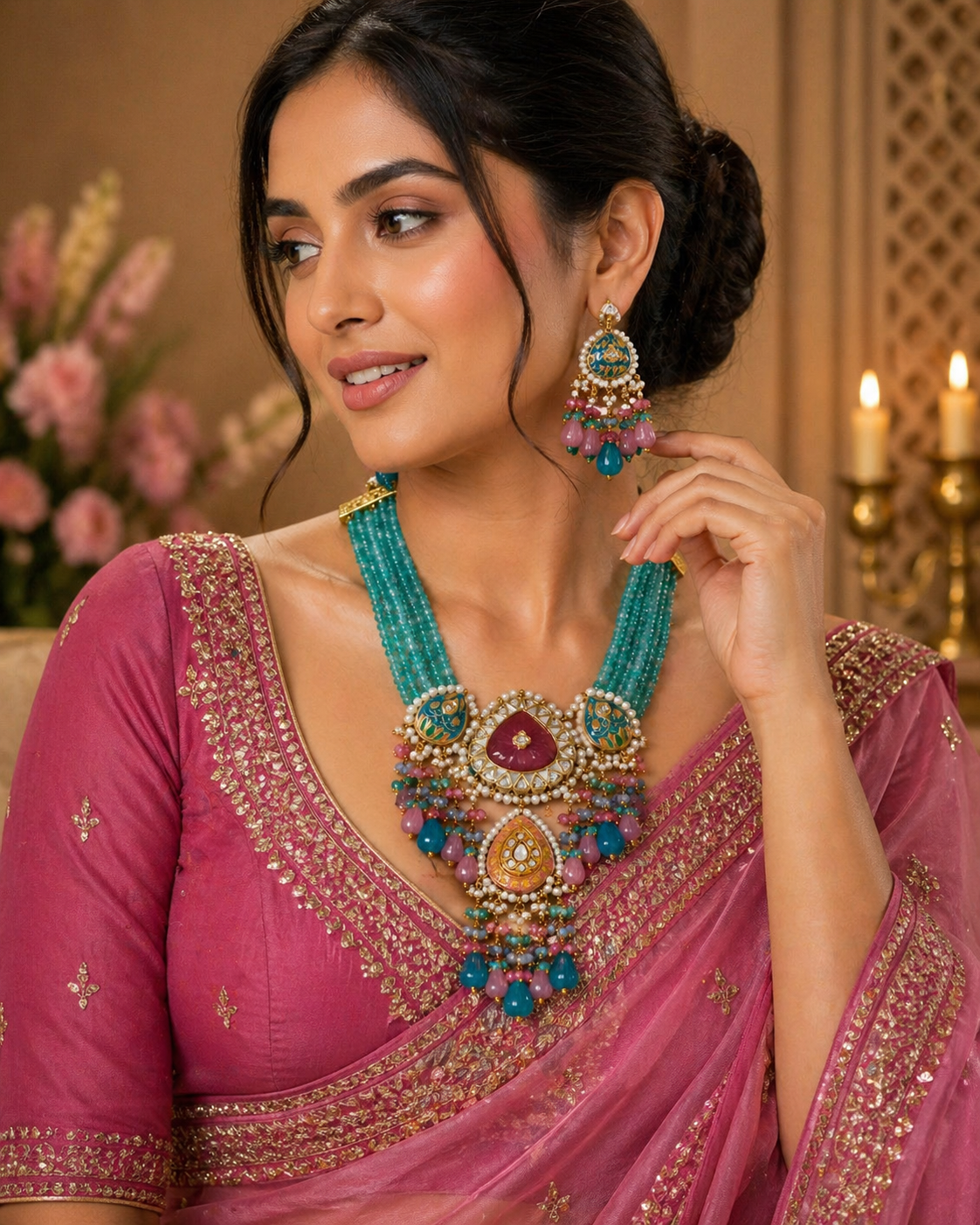 Teal Green Meenakari Polki Necklace Set – Pink & Blue Beaded Tassels