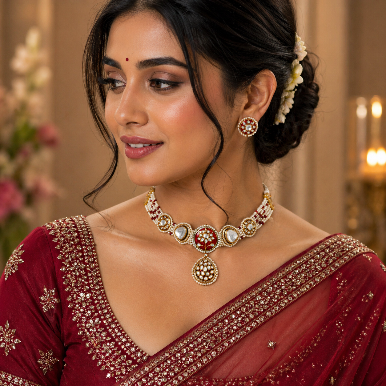 Kundan Pearl Lotus Choker Set – Enamel Centerpiece with Polki Drop