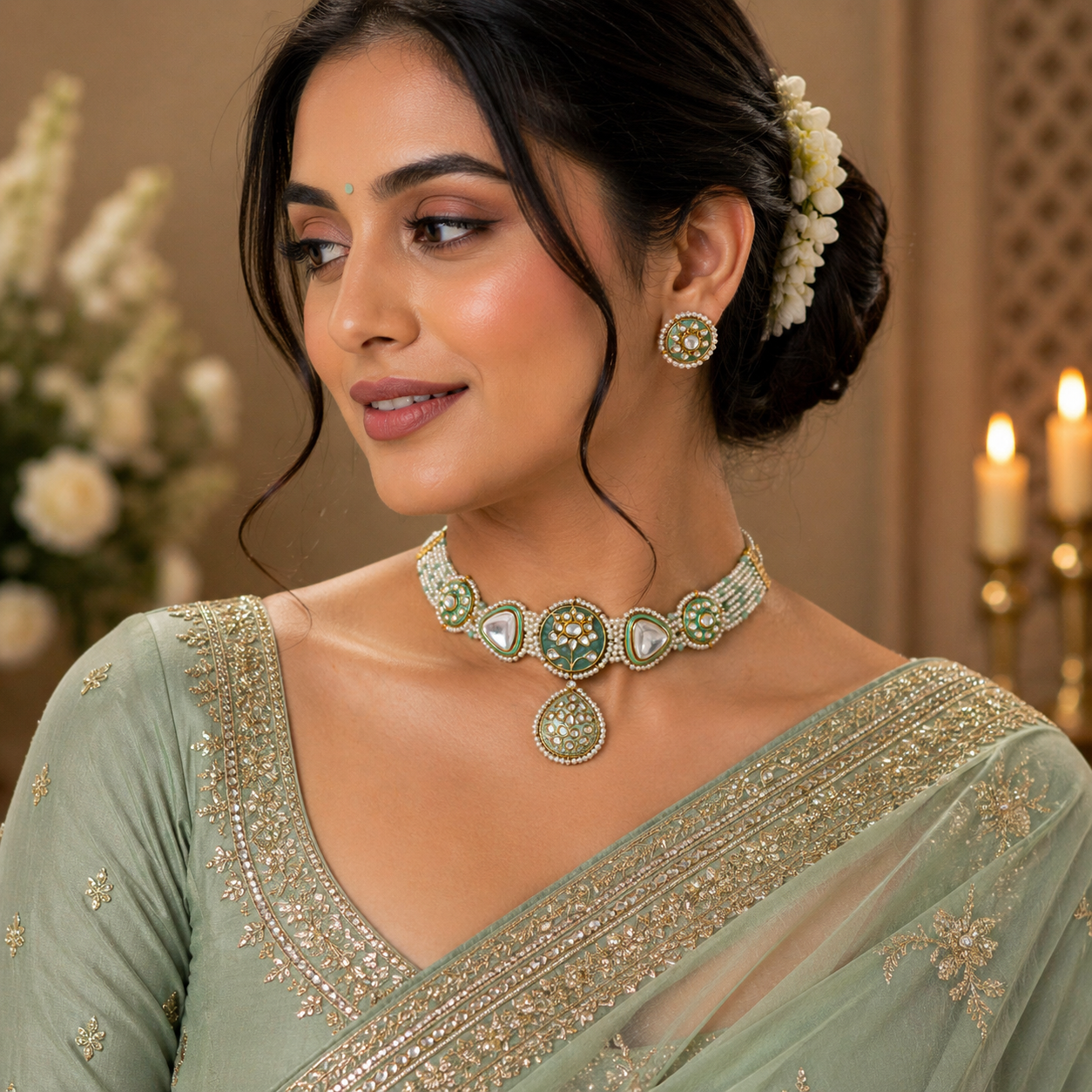 Kundan Pearl Lotus Choker Set – Enamel Centerpiece with Polki Drop