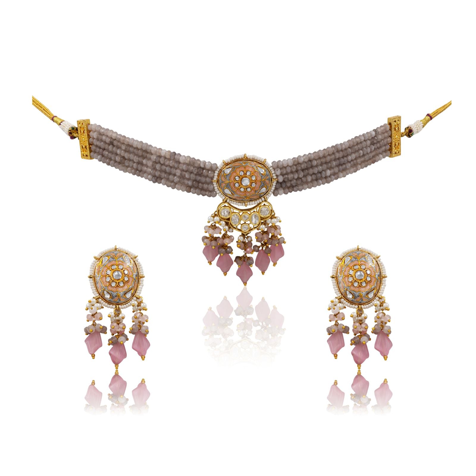 Meenakari Polki Choker Set – Floral Oval Pendant with Beaded Tassels