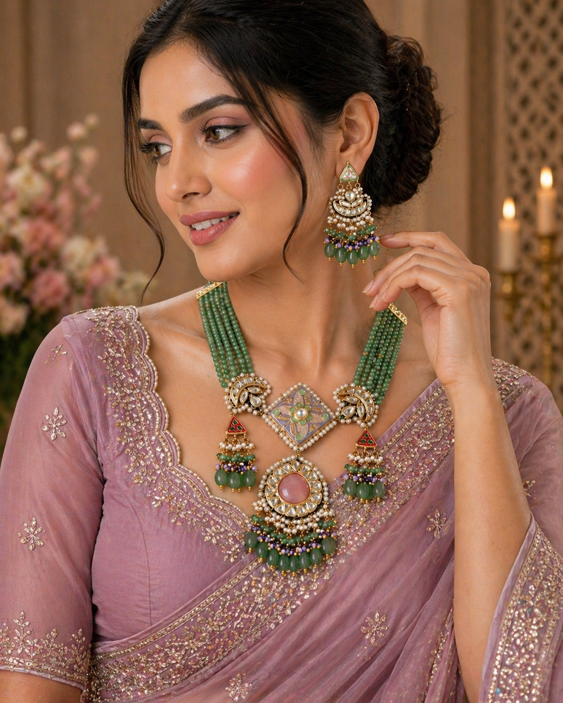 Emerald Green Meenakari Polki Necklace Set – Pink Center & Kundan Detailing