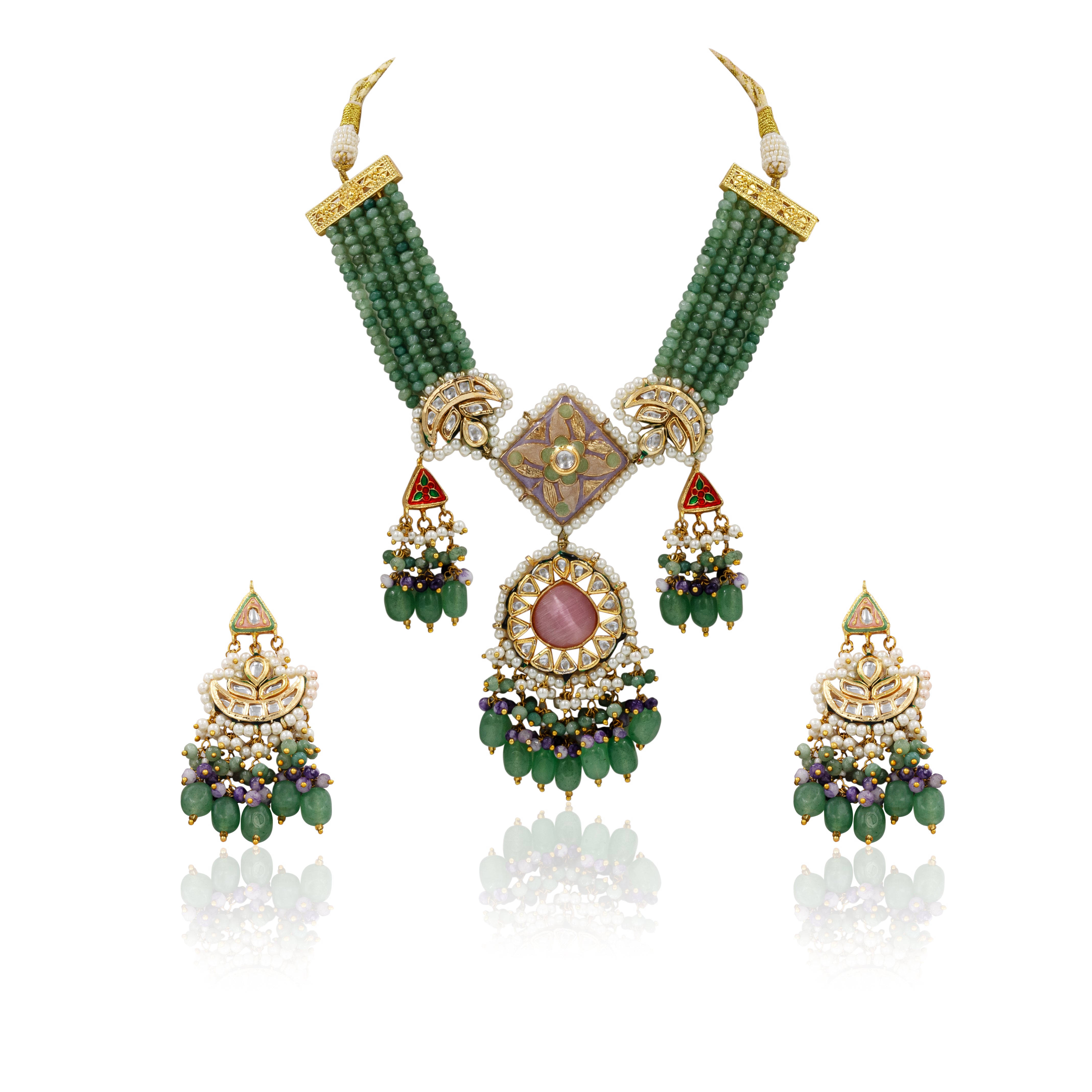 Emerald Green Meenakari Polki Necklace Set