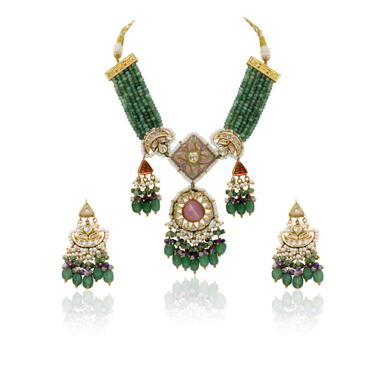 Emerald Green Meenakari Polki Necklace Set