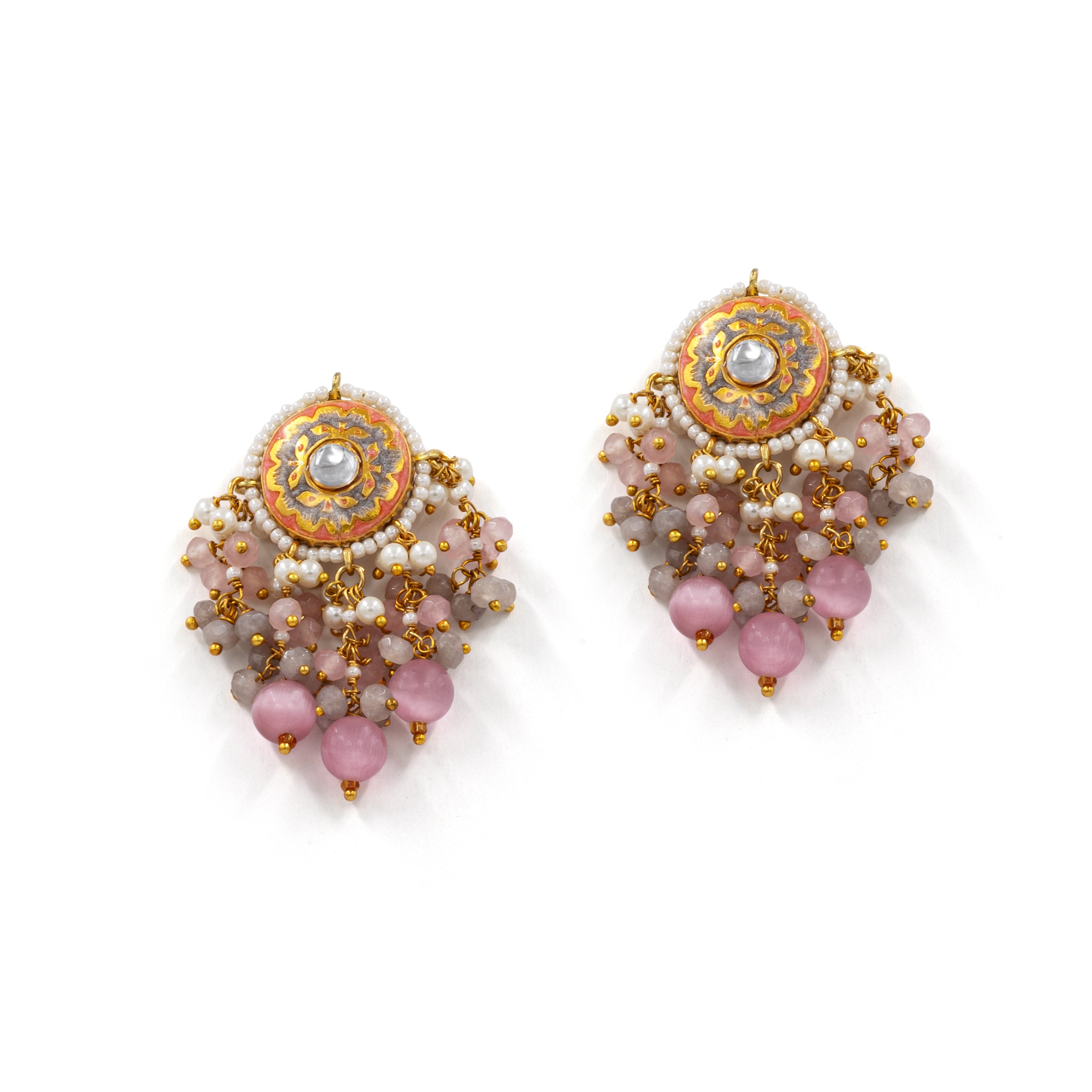 Meenakari Stud Earrings – Kundan Center with Pearl & Bead Tassels