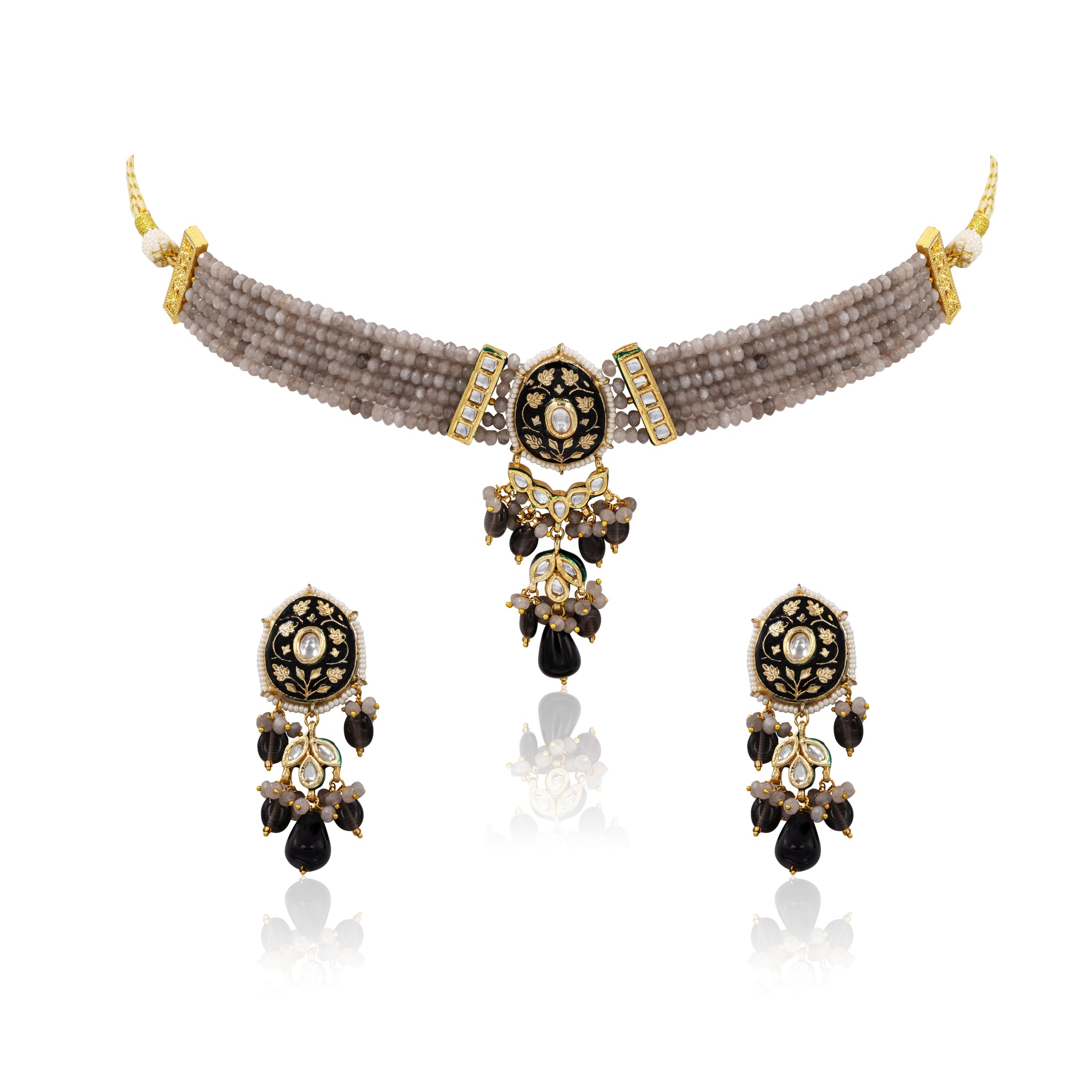 Meenakari Kundan Choker Set – Multi-Strand Beads with Pendant Drop