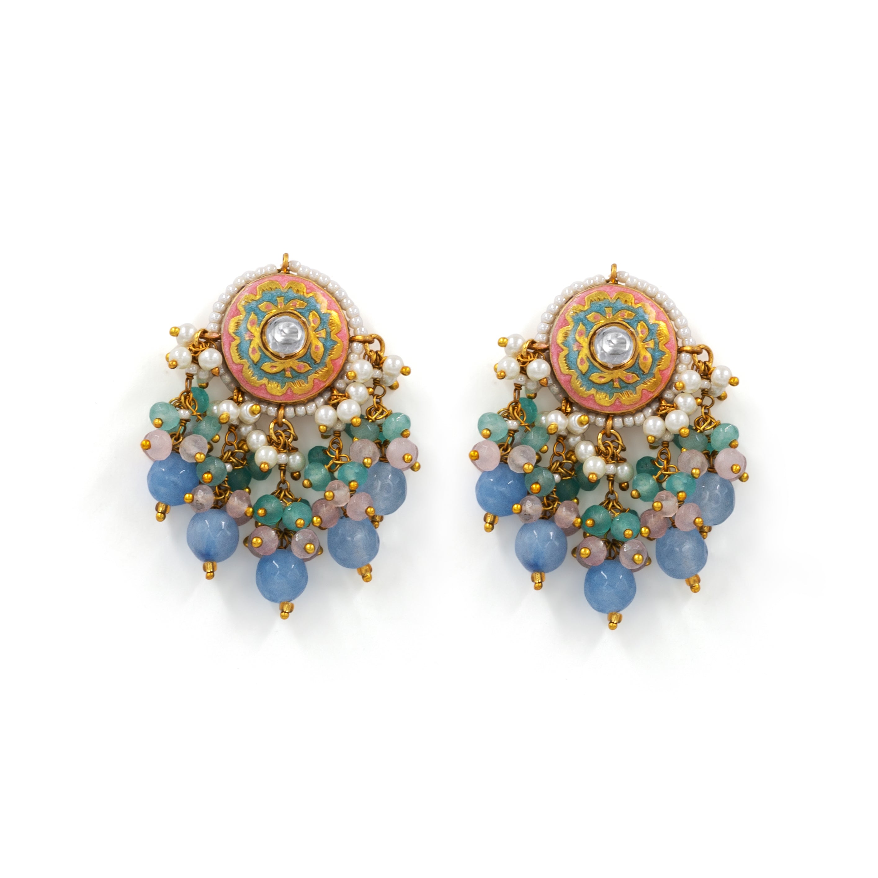 Meenakari Stud Earrings – Kundan Center with Pearl & Bead Tassels