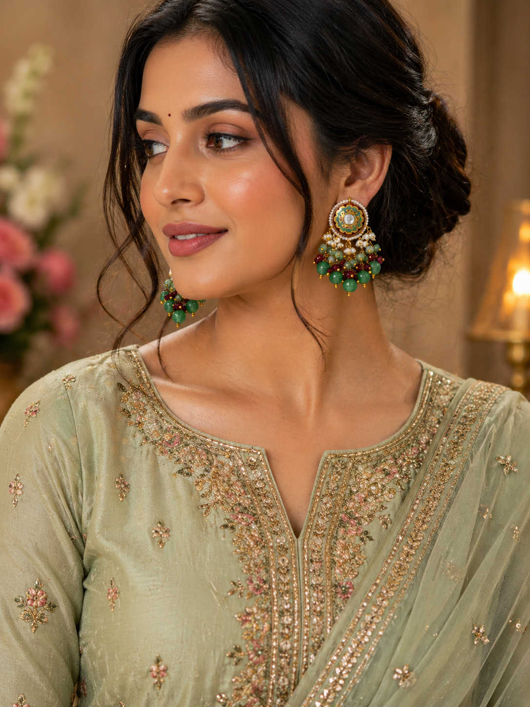 Meenakari Stud Earrings – Kundan Center with Pearl & Bead Tassels