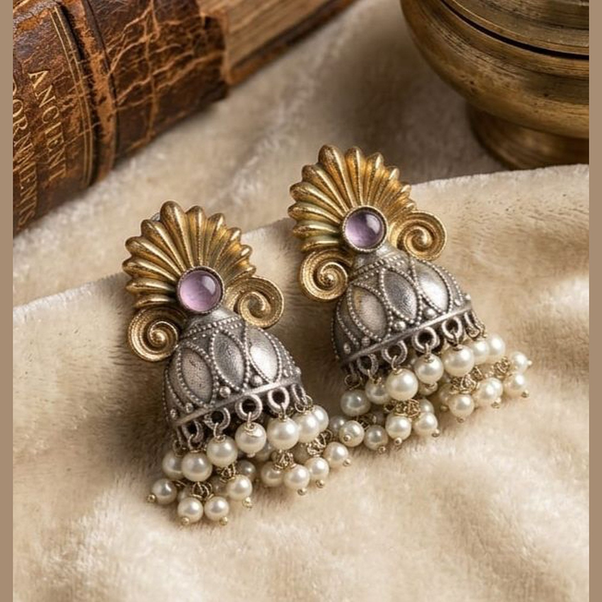 Rajsi Two-Tone Oxidized Jhumka Earrings