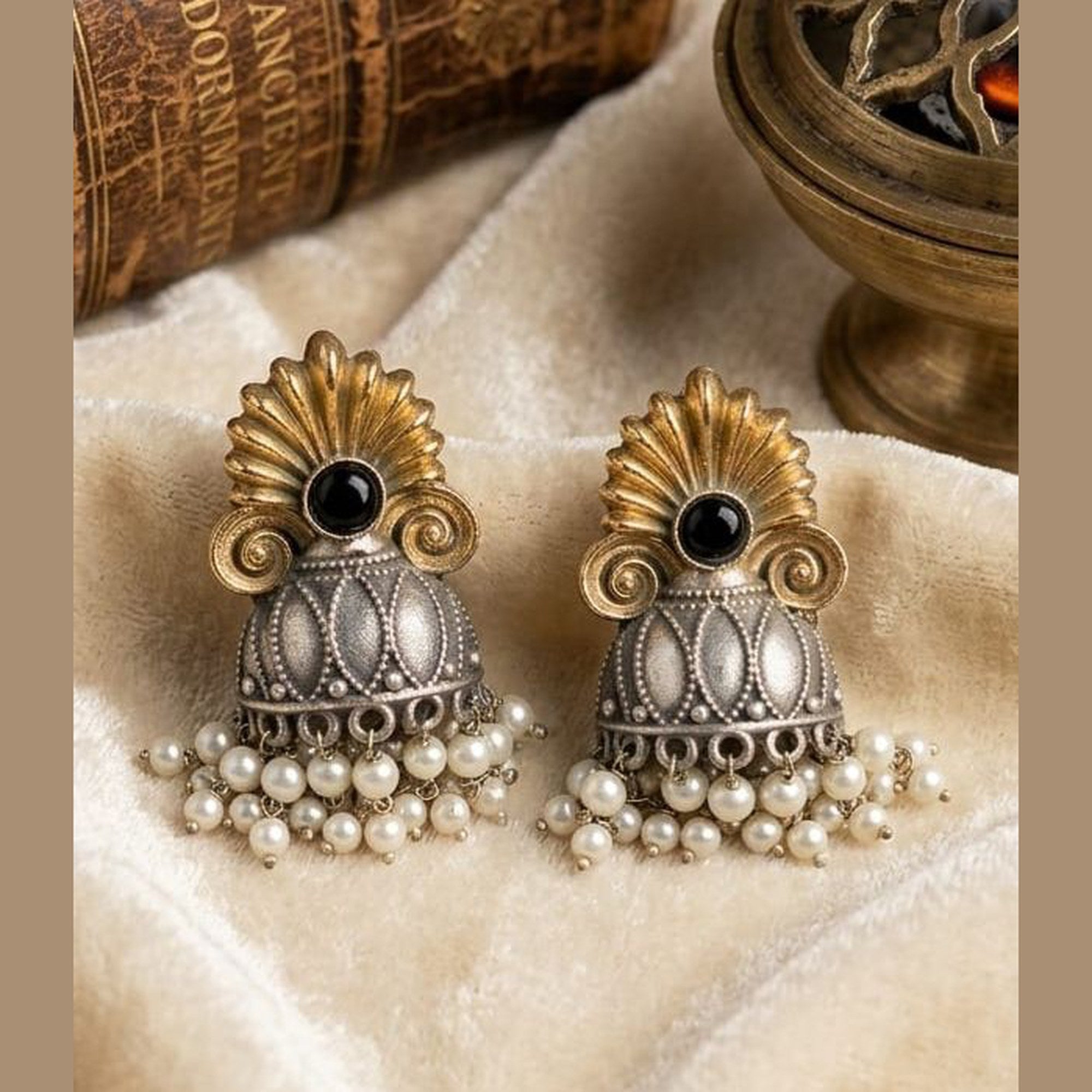Rajsi Two-Tone Oxidized Jhumka Earrings