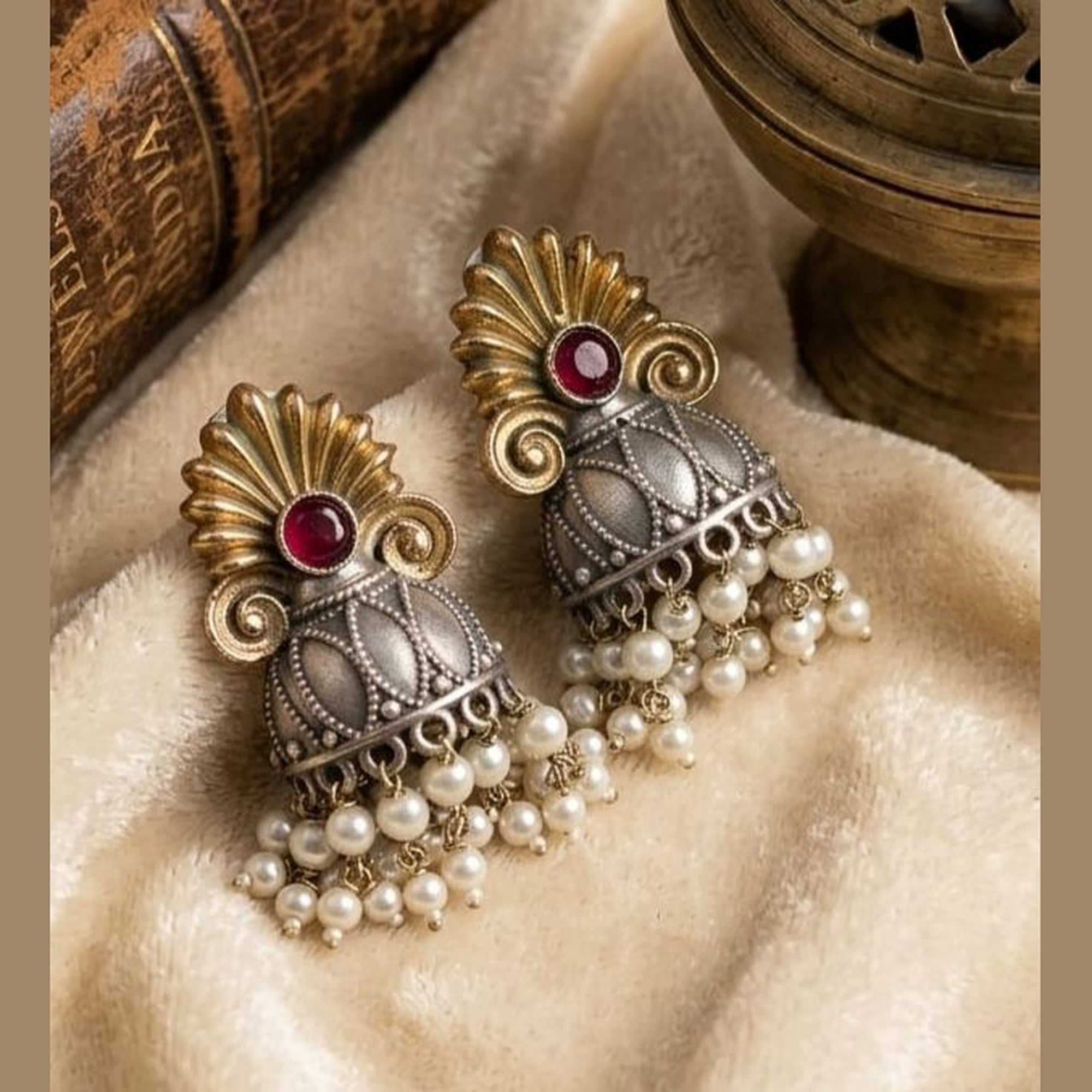 Rajsi Two-Tone Oxidized Jhumka Earrings