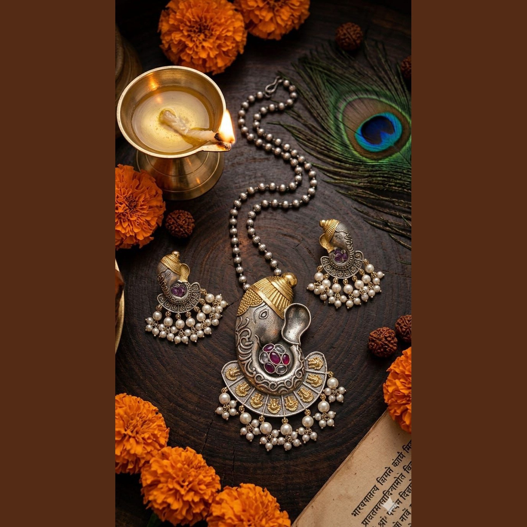Ganesha Temple Oxidized Pendant Set