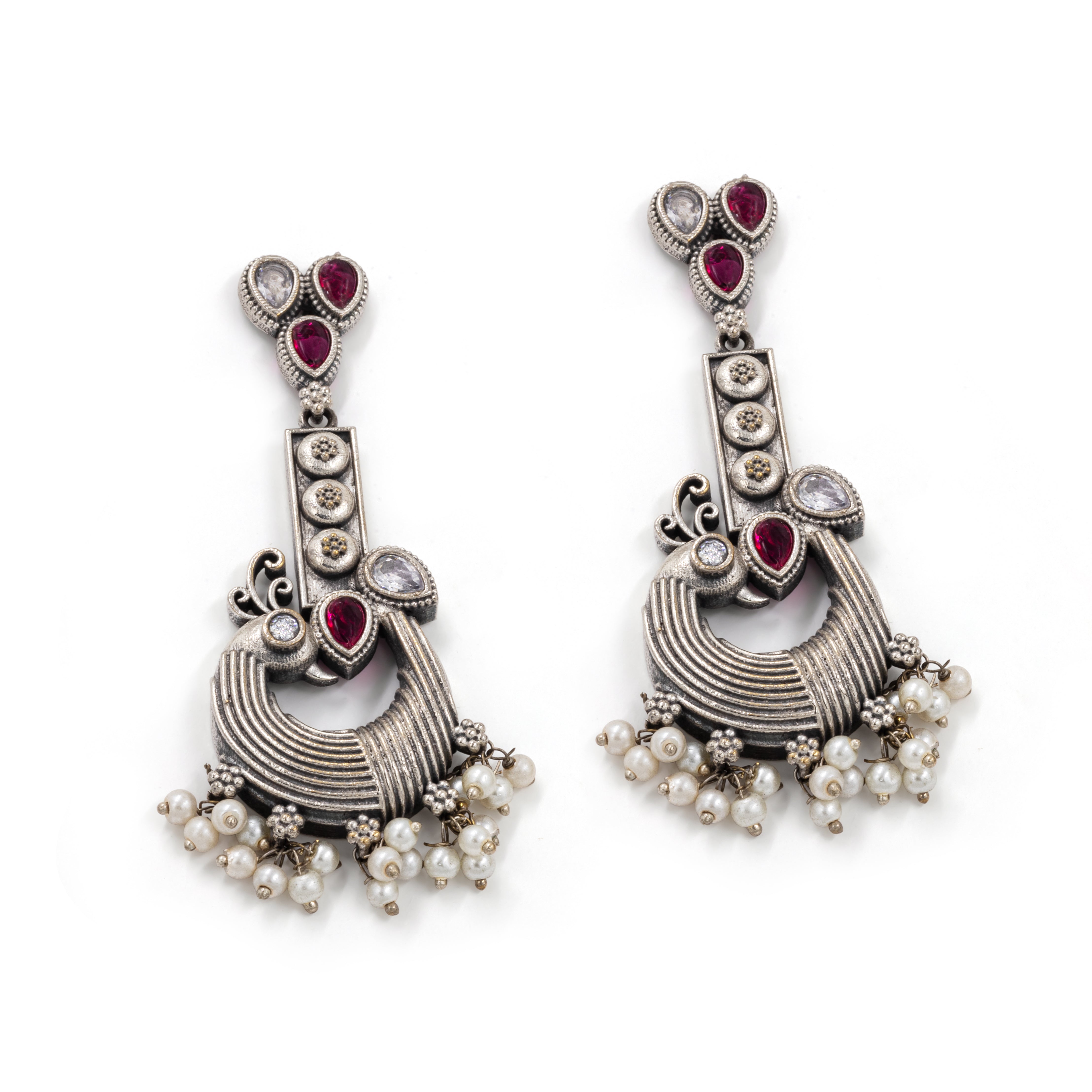 Oxidized Amrapali Peacock Earrings – Ruby Accents & Pearl Drops