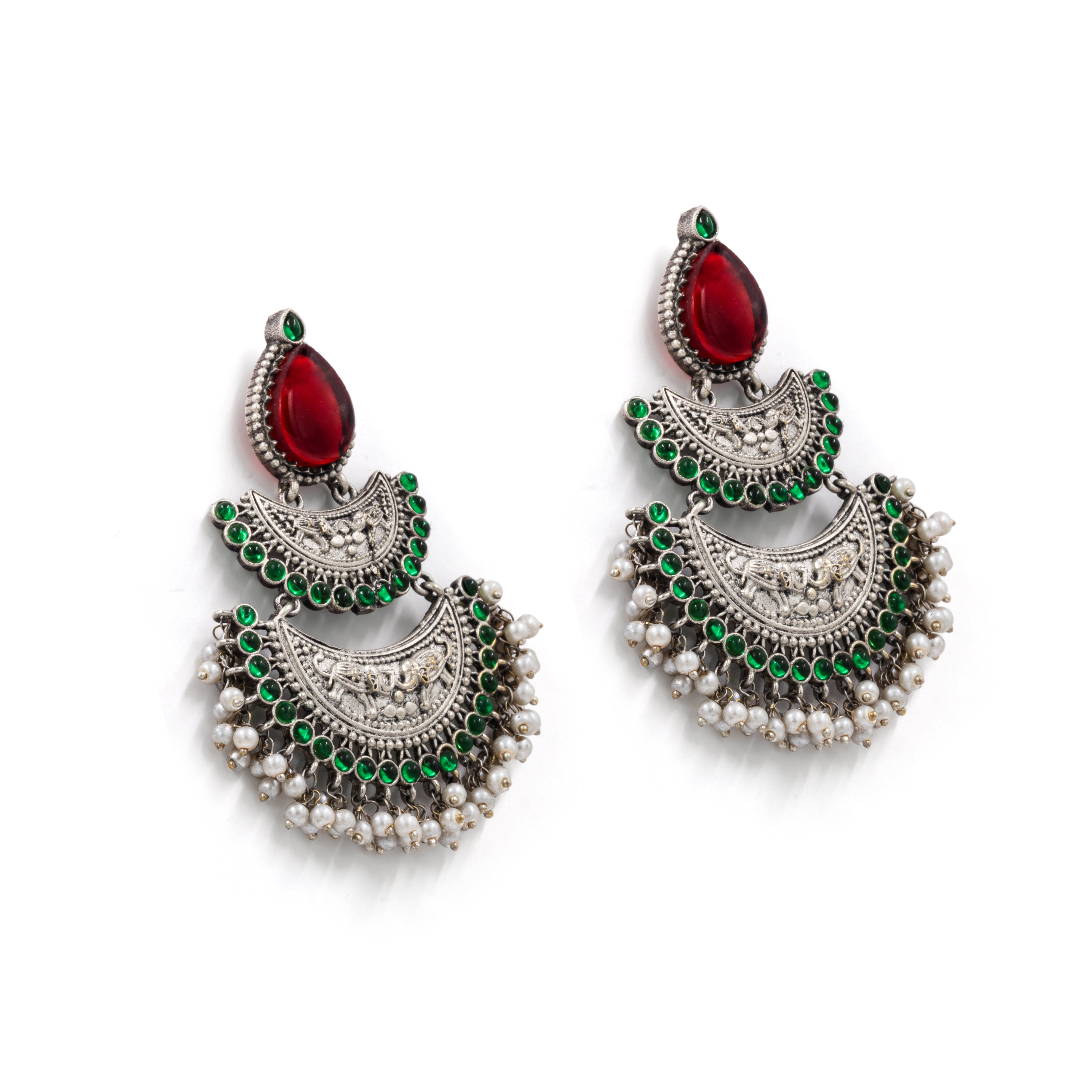Oxidized Silver Chandbali Earrings – Pearl Fringe & Stone Drops