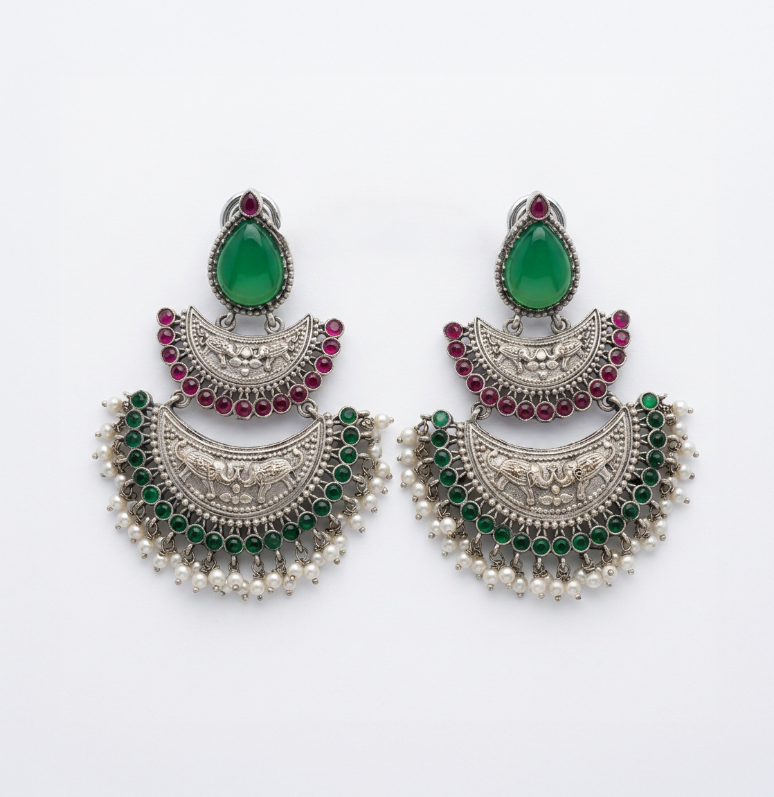 Oxidized Silver Chandbali Earrings – Pearl Fringe & Stone Drops