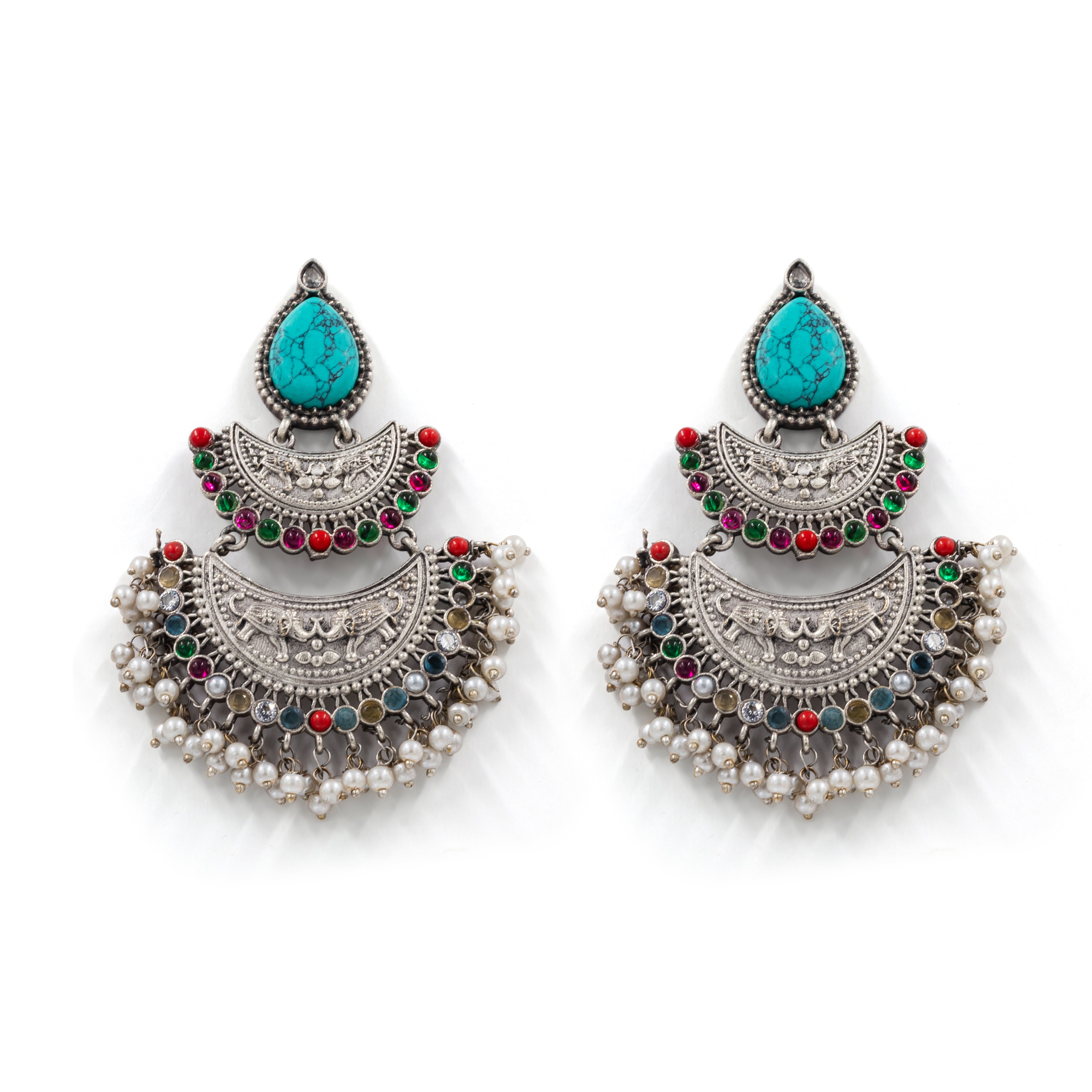 Oxidized Silver Chandbali Earrings – Pearl Fringe & Stone Drops