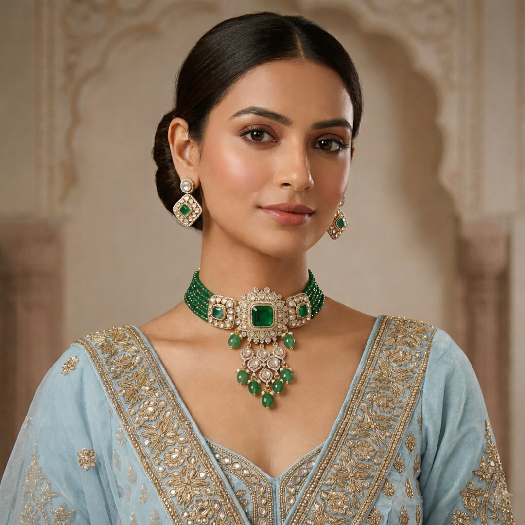Emerald Polki Geometric Statement Set – Modern Diamond-Look Bridal Necklace