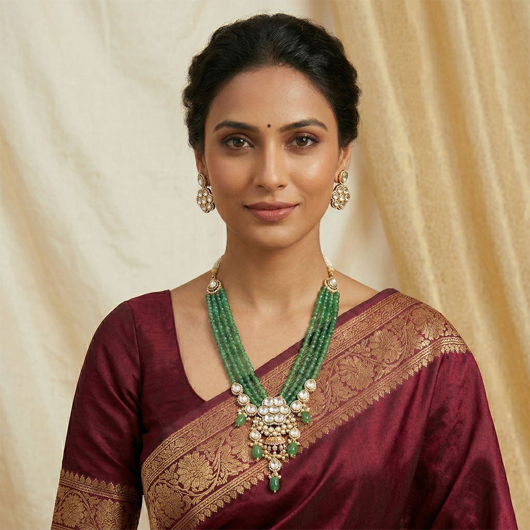 Emerald Polki Grand Bridal Set – Diamond-Look Polki with Statement Pendant