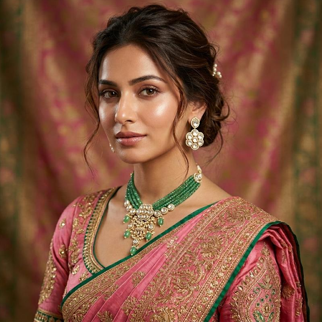 Emerald Polki Grand Bridal Set – Diamond-Look Polki with Statement Pendantt