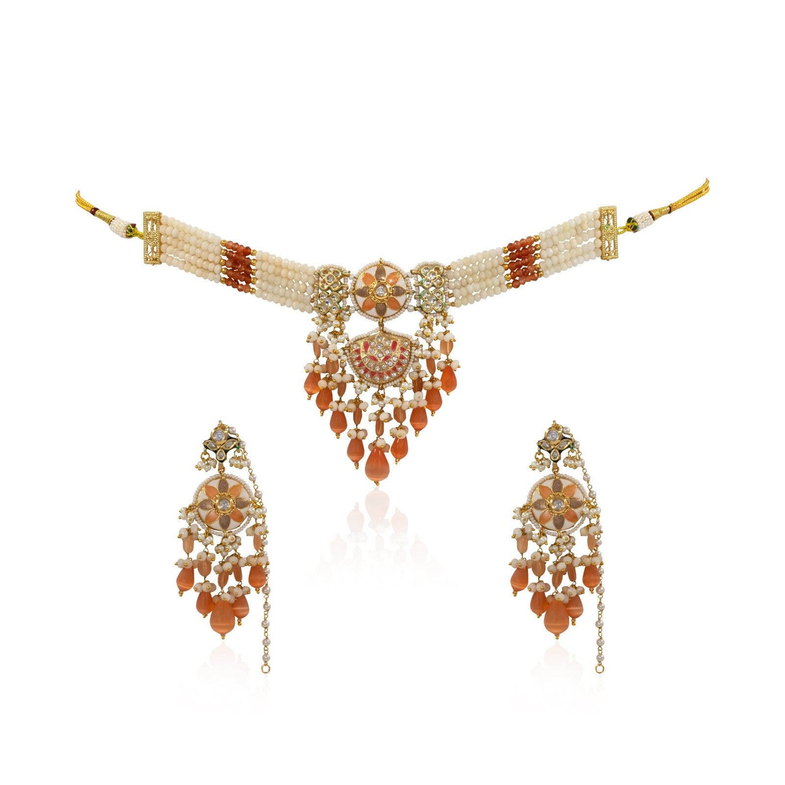 Meenakari Kundan Necklace Set with Tikka – Multi-Strand Beads