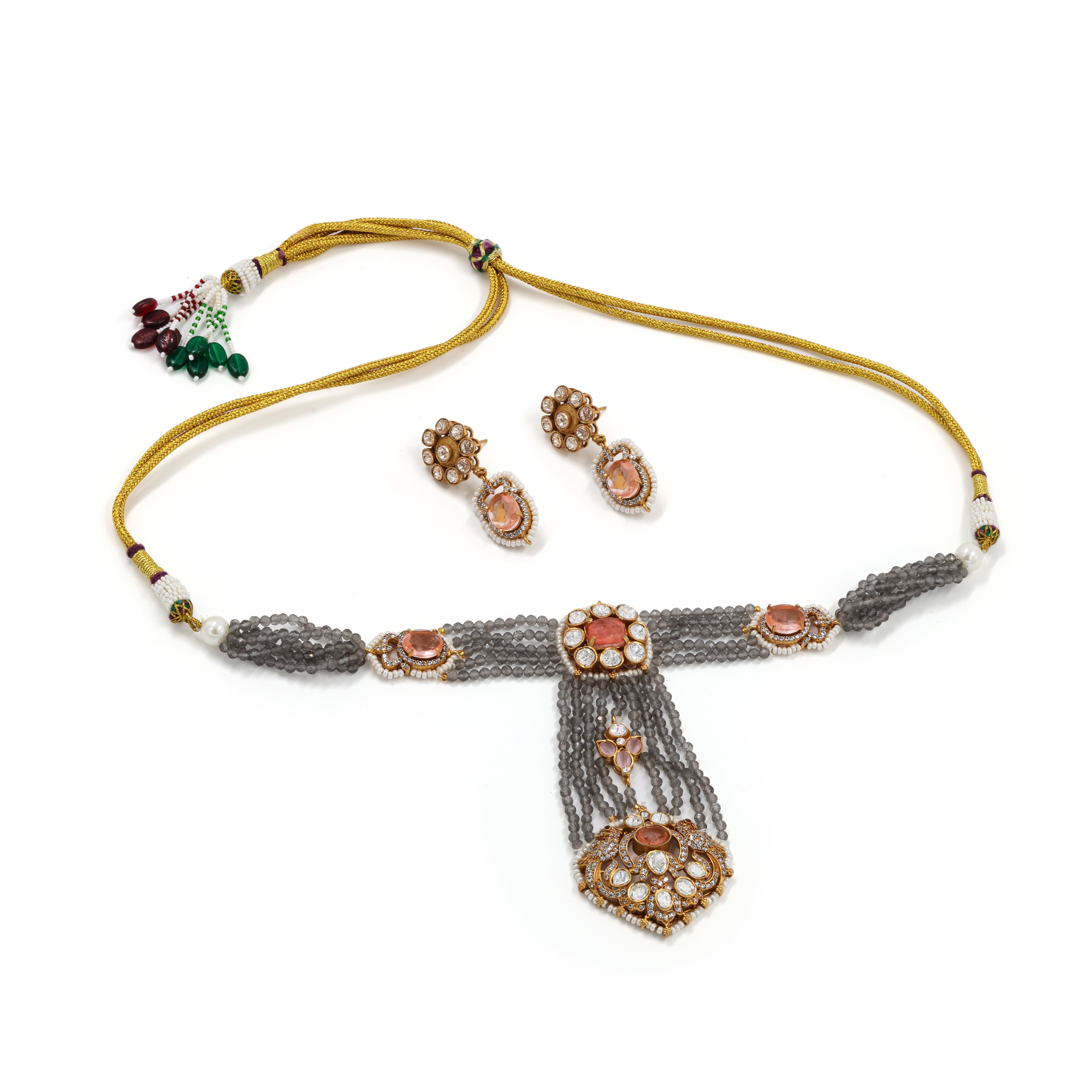 Grey & Pink Polki Long Choker Set – Crystal Diamonds & Multistrand Beads
