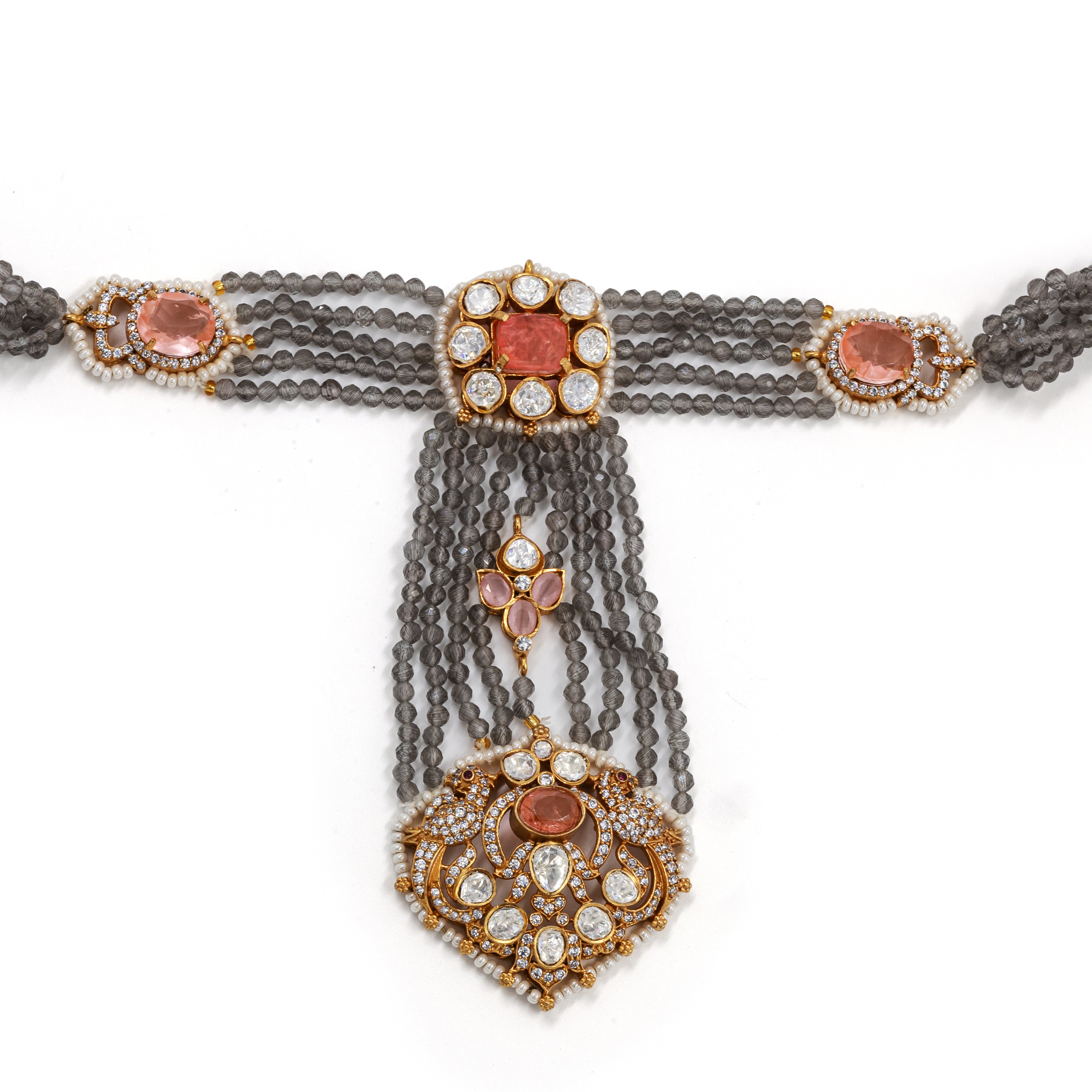 Grey & Pink Polki Long Choker Set – Crystal Diamonds & Multistrand Beads