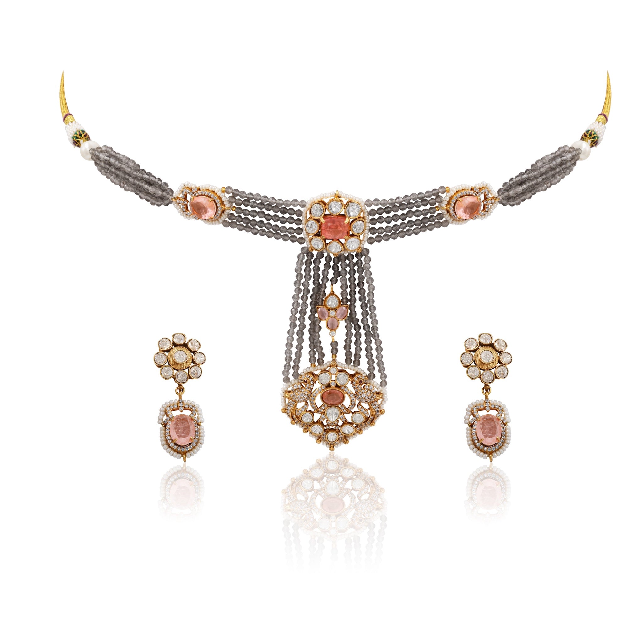Grey & Pink Polki Long Choker Set – Crystal Diamonds & Multistrand Beads