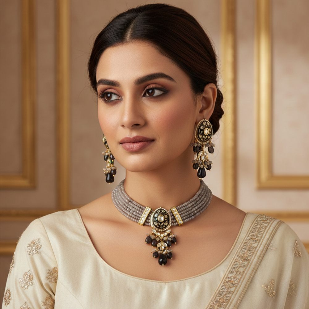 Meenakari Kundan Choker Set – Multi-Strand Beads with Pendant Drop