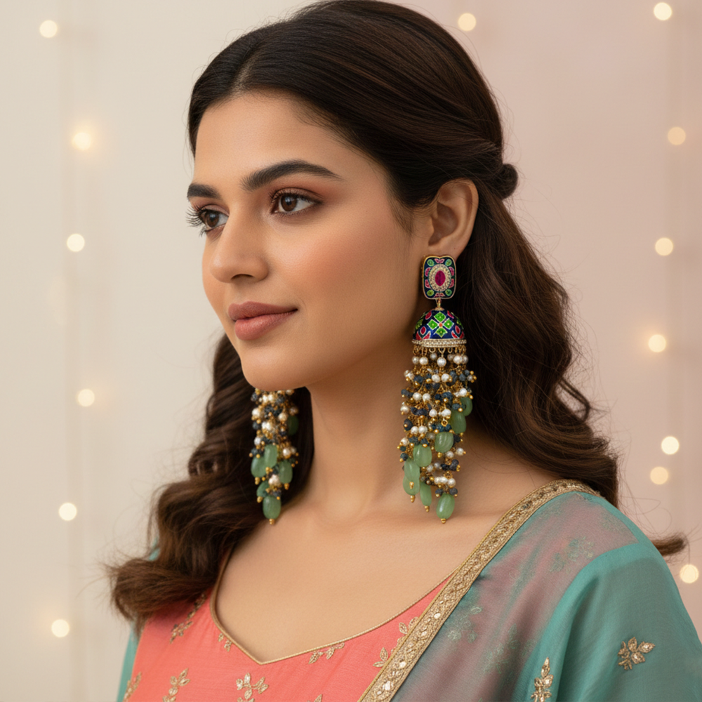 Meenakari Jhumka Earrings – Hand-Painted Dome with Pearl Tassels