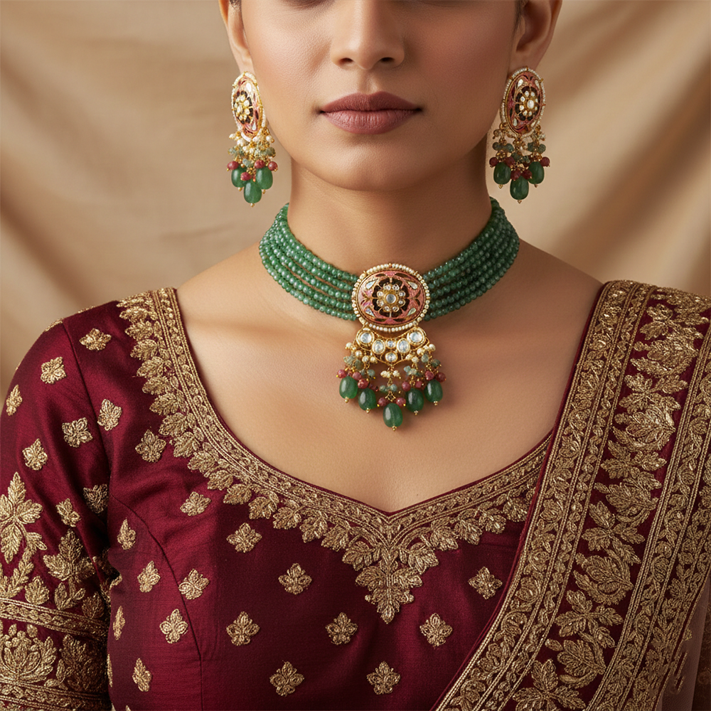 Meenakari Polki Choker Set – Floral Oval Pendant with Beaded Tassels